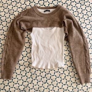 Zara layered Women's cable knit crop Sweater Brown and White tank top
